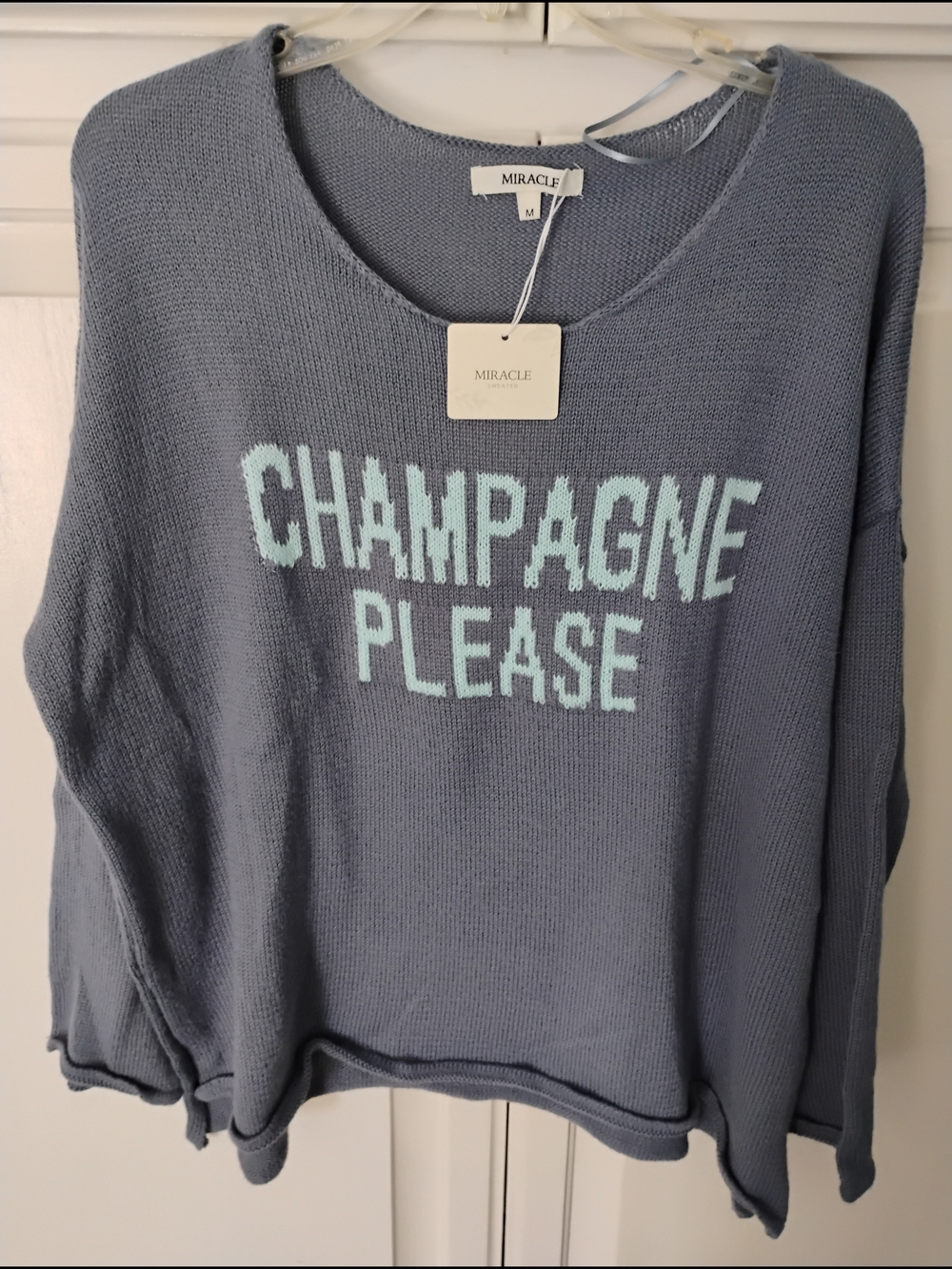 Miracle Light Blue Knit Sweater with Mint Lettering